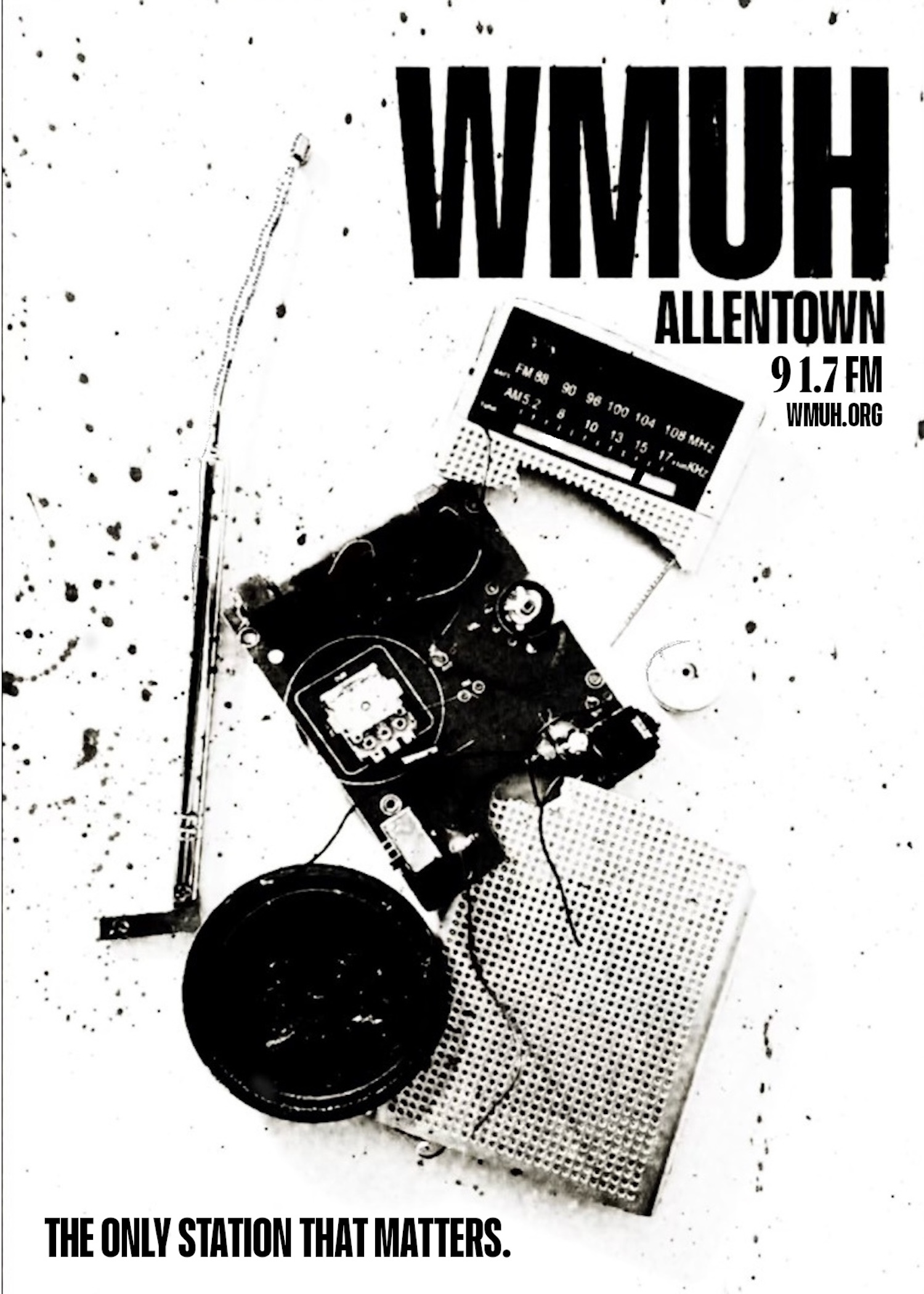 Image of smashed transistor radio with words identifying WMUH Allentown.